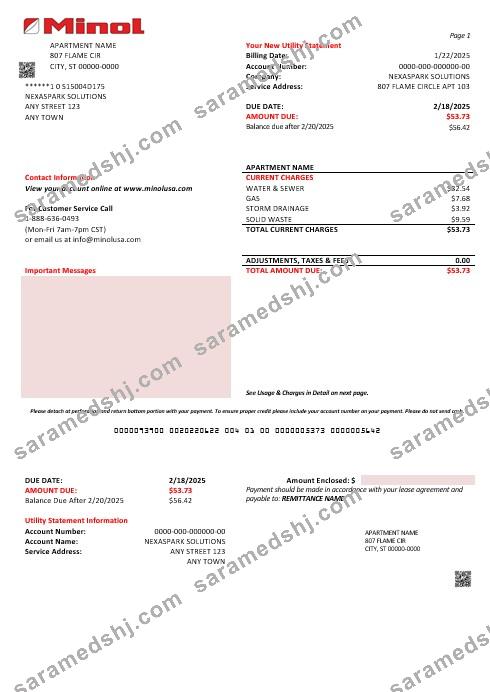 USA Texas Minol business utility bill template in Word and PDF formats